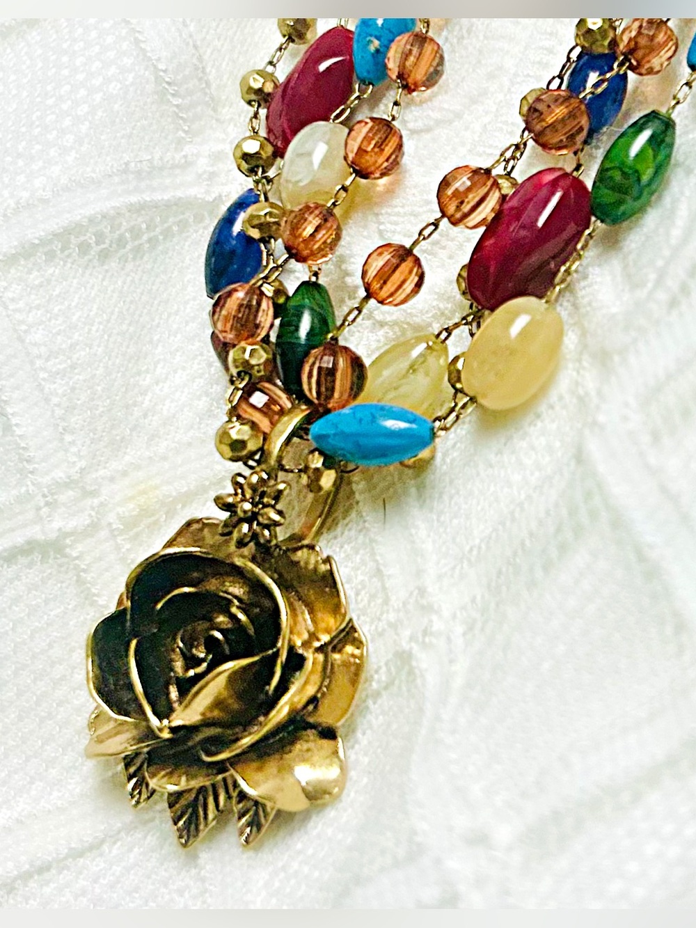 Multistrand Colorful Beaded Statement Necklace Floral Rose Pendant Boho - Picture 3 of 7